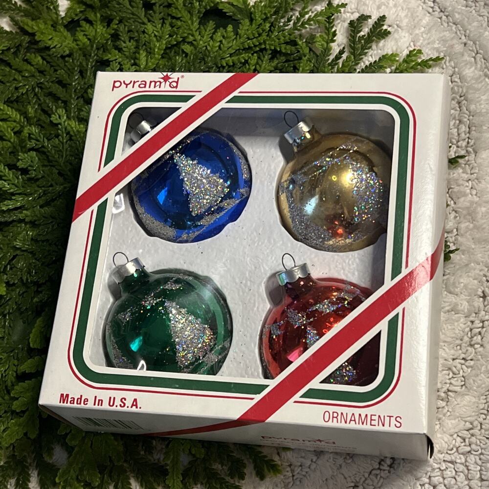 Vintage Pyramid Set of 4 Glass Ball Glitter Trees Ornaments Red Green Blue Gold